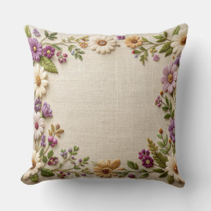 Coussin Delicate Embroidered Floral Border Pillow - Purple