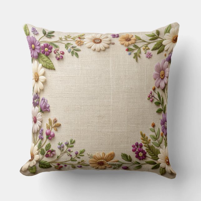 Coussin Delicate Embroidered Floral Border Pillow - Purple (Recto)
