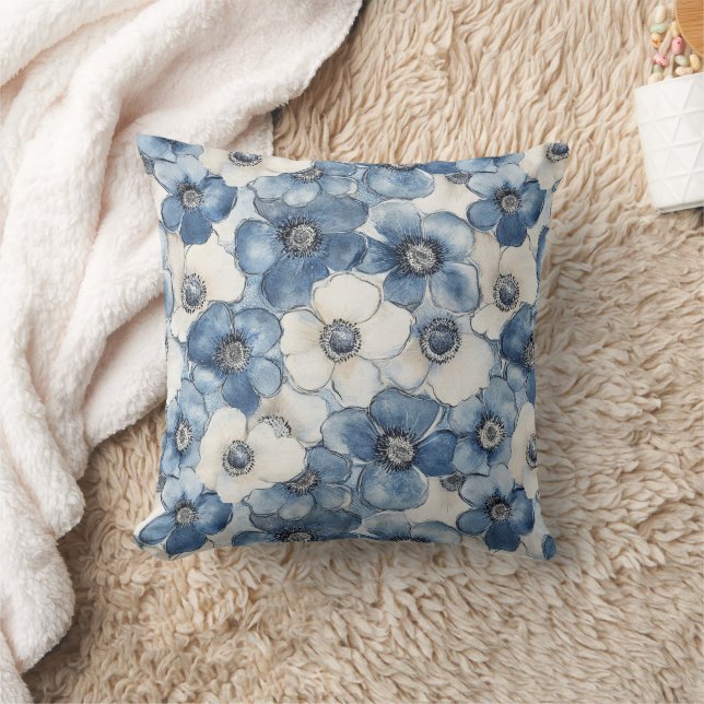 Coussin Délicieux dénim blanc fleurs bleues douche de mari (Couverture)