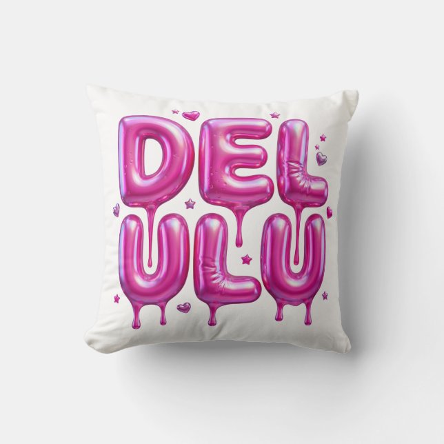 Coussin Delulu Rose Bubble Gum Typographie 3D Y2K Générati (Recto)
