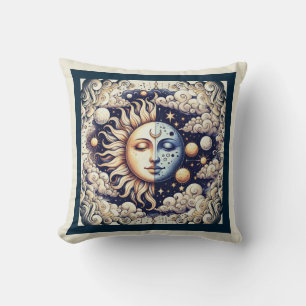 Coussin Demi-soleil céleste vintage et bleu lune jaune