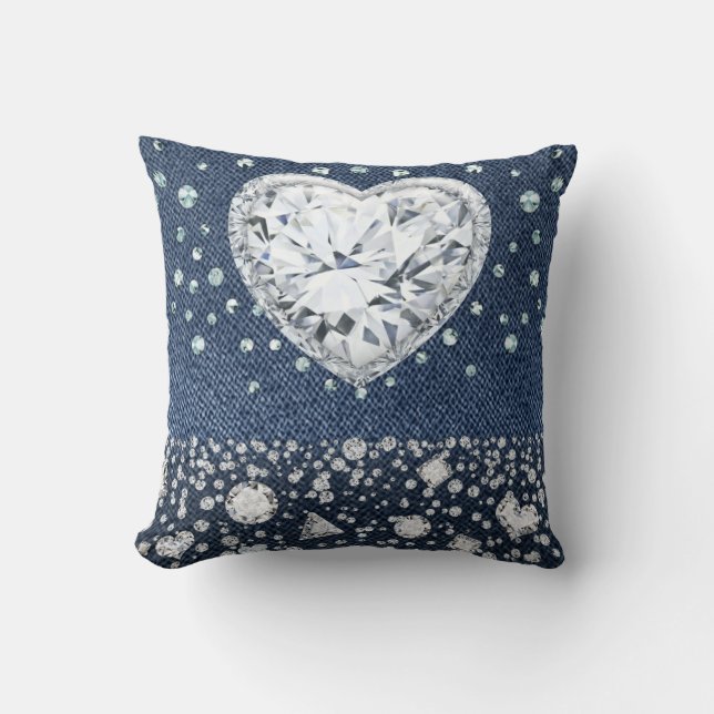 Coussin Denim & Diamants Blue Jean Bling Diamant Cœur (Recto)