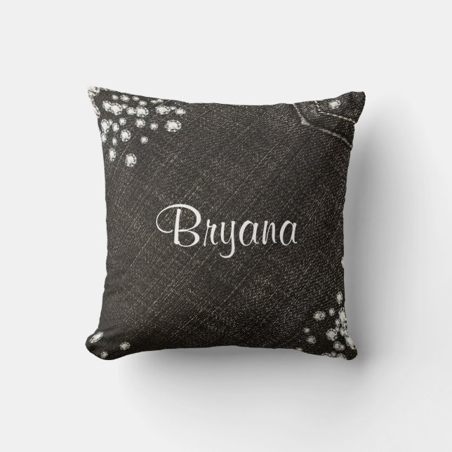 Coussin Denim & Diamonds Jean noir avec Bling Glamour (Recto)