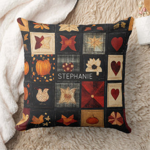 Coussin Denim Folk Art Quilt Motif Patch d'automne rusti