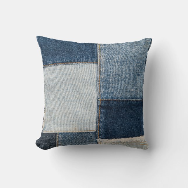 Coussin Denim Patchwork : Motif textile Vintage (Recto)