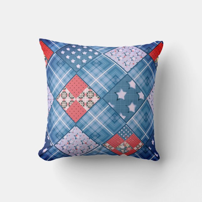 Coussin Dénim patchwork, patchwork, textile, motif bleu (Recto)