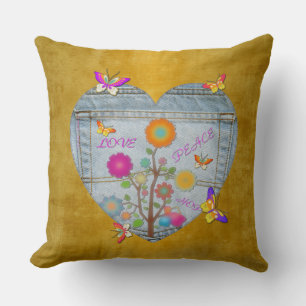 Coussin Denim Pocket Heart Flowers Papillons sur Or