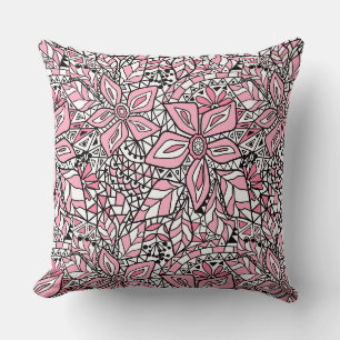 Coussin Dentelle de filet motif floral blanc rose noir