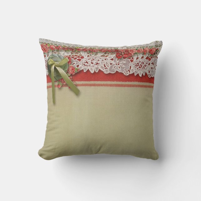 Coussin Dentelle de rose ancienne Rouge rustique victorien (Recto)