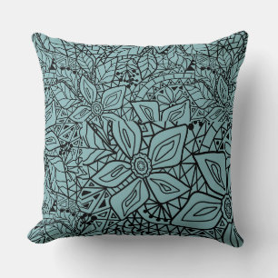 Coussin Dentelle filet motif floral bleu noir esquisse 