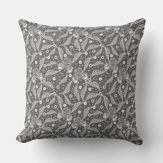 Coussin Dentelle florale blanche sur fond gris (Recto)