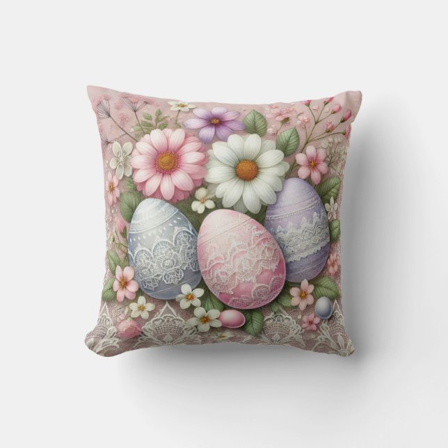Coussin Dentelle florale rose pastel OEufs de Pâques et fl (Recto)