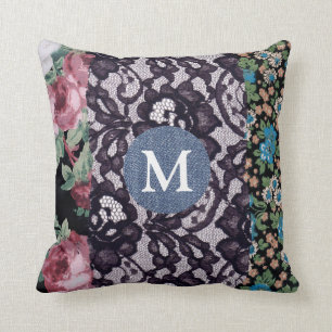 Coussin Dentelle noire tissu floral Denim Monogramme