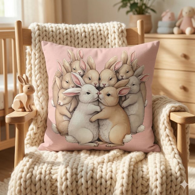 Coussin Des lapins adorables dans un Pastel cosy Hug Illus (Adorable Bunnies in a Cozy Pastel Hug Illustration Throw Pillow In Rocking Chair)