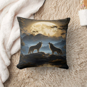 Coussin Des Loups majestueux hurlent sous le feu de la lun