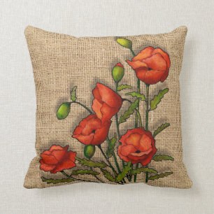 Coussin Des pavots rouges sur le Arrière - plan de Burlap,