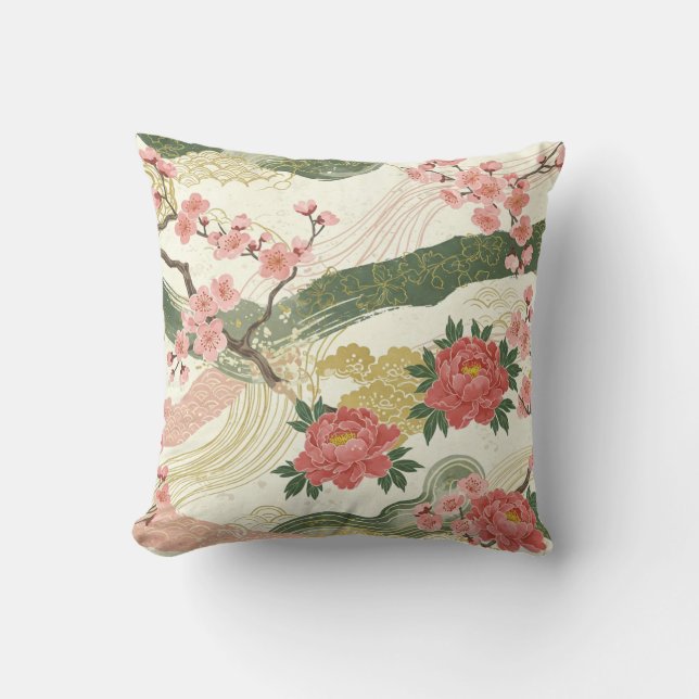 Coussin Des pivoines roses et des fleurs de cerisiers lanc (Recto)