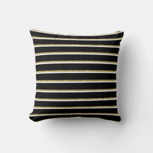 Coussin des rayures noir, blanc et or