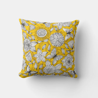 Coussin Design abstrait fleuri jaune blanc mignon
