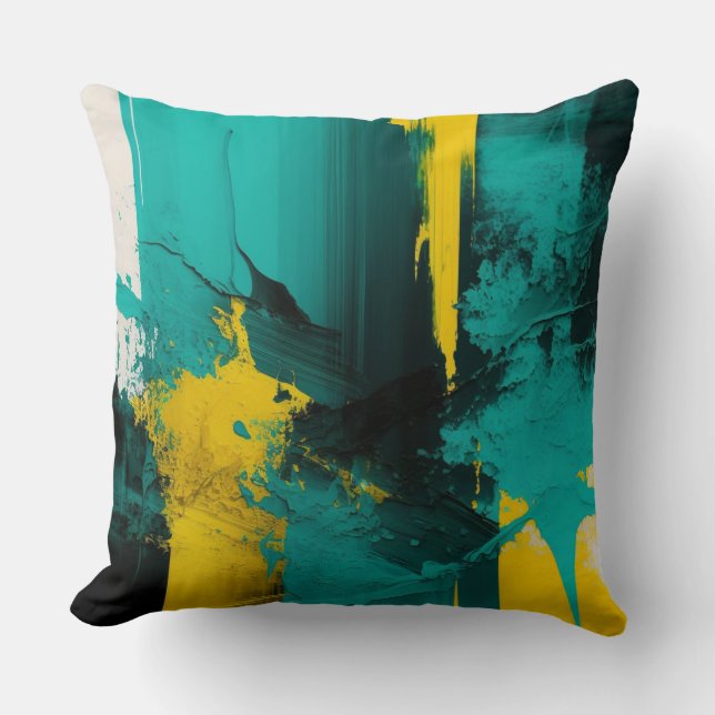 Coussin Design Abstrait moderne Turquoise et Jaune peint (Recto)