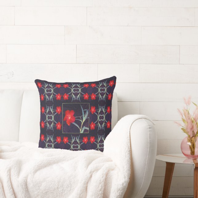 Coussin Design avec Fleurs rouges et Feuilles (Canapé)