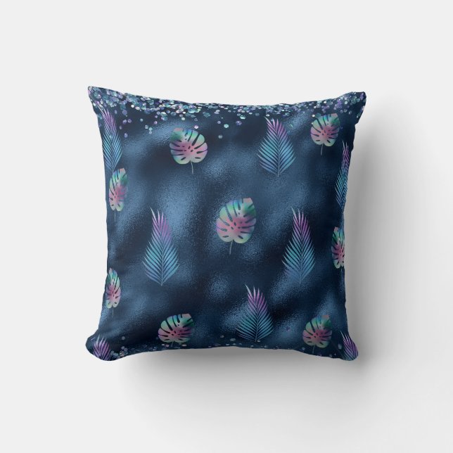 Coussin Design bleu foncé avec Feuilles turquoise et rose (Recto)