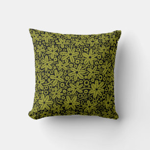 Coussin Design de fleurs - Vert olive sur noir