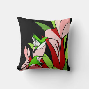 Coussin Design floral avec colibris sur noir