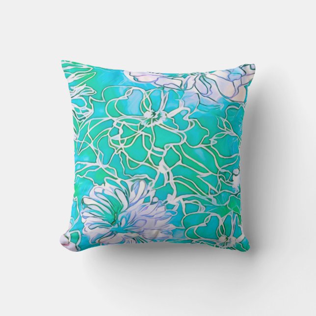 Coussin Design floral bleu vert fleurs blanches belle (Recto)