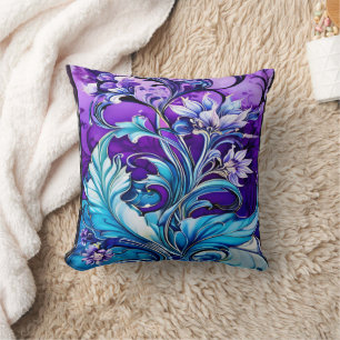 Coussin Design floral coloré avec des teintes bleues et vi