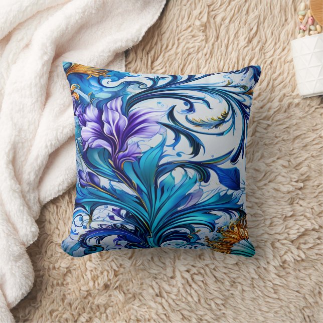 Coussin Design floral dynamique avec des accents bleu et v (Couverture)