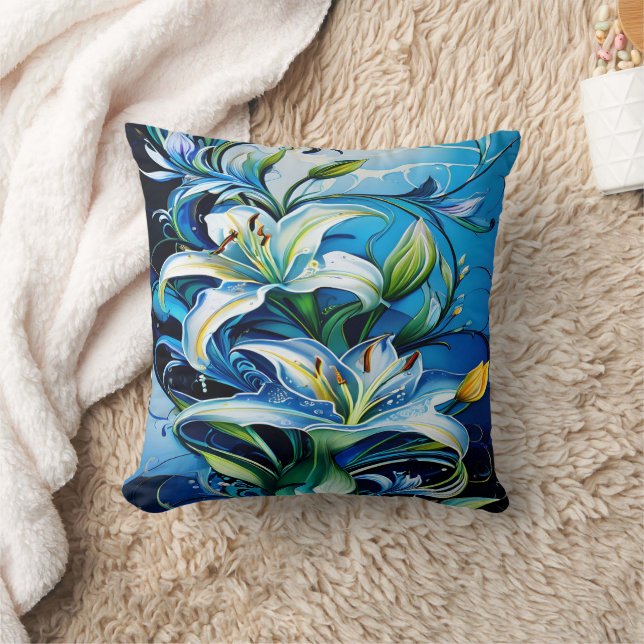 Coussin Design Floral Lily Bleu Avec Motif (Couverture)