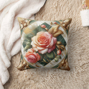 Coussin Design Floral Rose Élégant Avec Accents Or