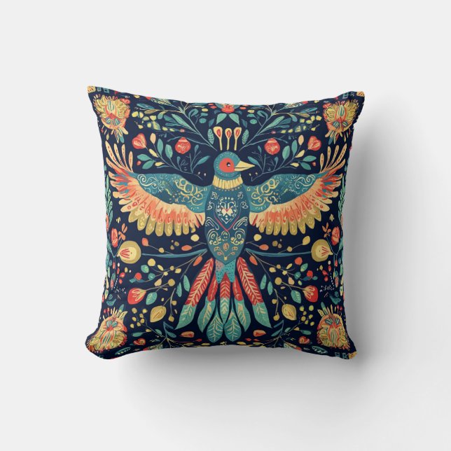 Coussin Design folklorique élégant d'oiseau 🌸 (Recto)