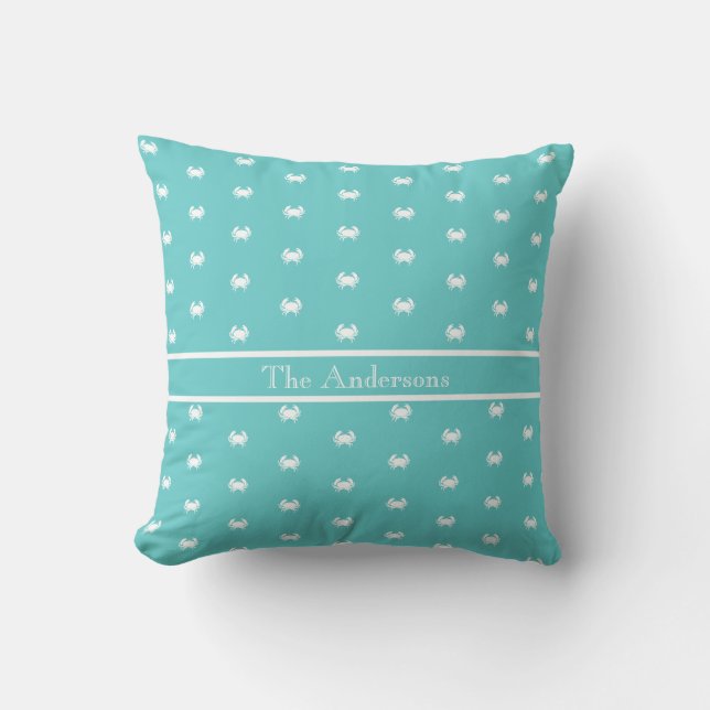 Coussin Design nautique avec crabe blanc sur bleu Turquois (Recto)