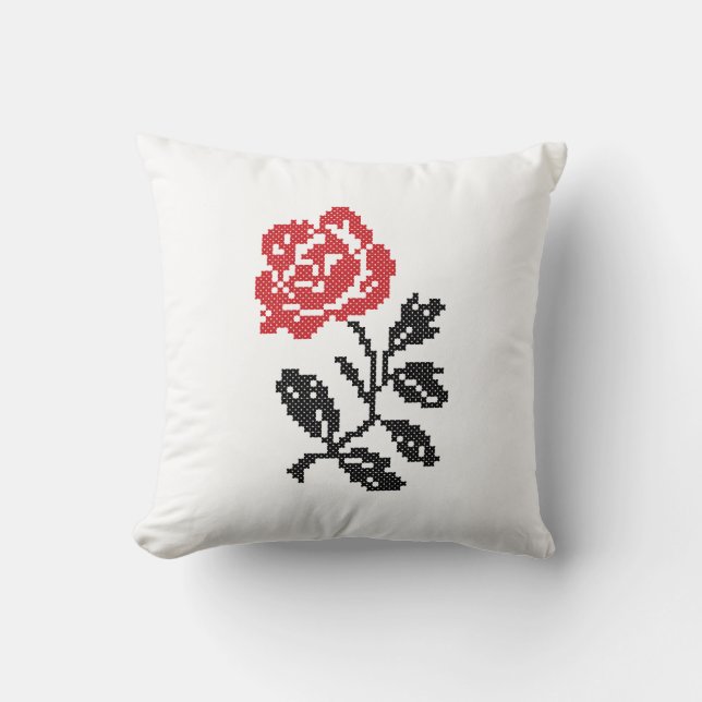 Coussin Design original de fleur à point croisé | Rose rou (Recto)