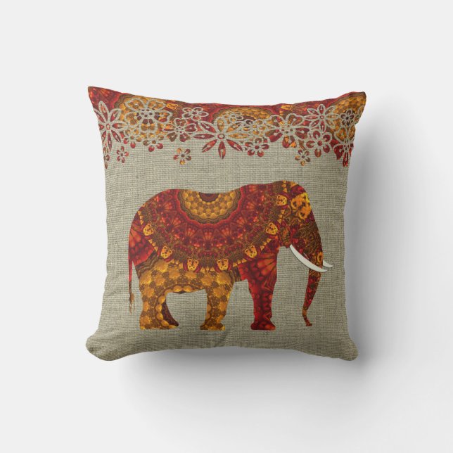 Coussin Design orné d'éléphants indiens décorés (Recto)