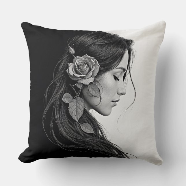 Coussin Design saisonnier noir blanc dramatique cheveux fl (Recto)
