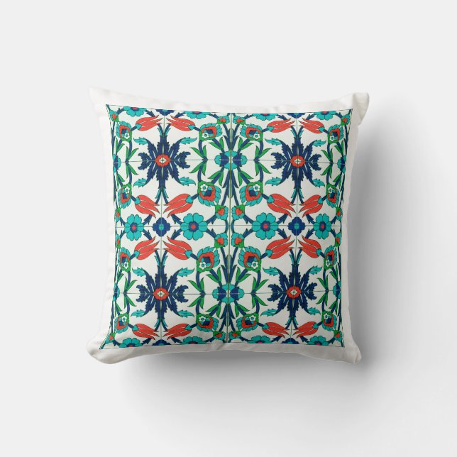 Coussin Design turc en couleur bleue avec tulipes rouges (Recto)