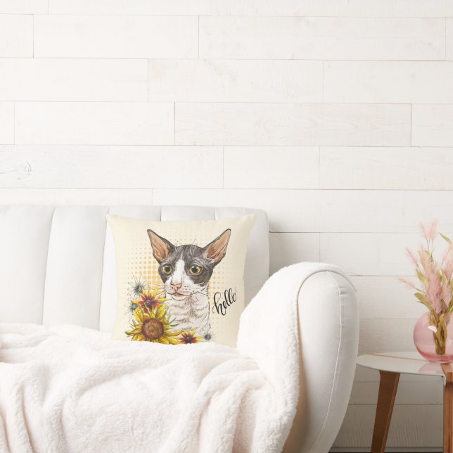 Coussin Dessin à la main Cornish Rex chat avec tournesol (Canapé)