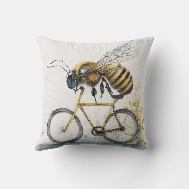 Coussin Dessin à l'aquarelle d'une abeille drôle à bicycle (Verso)
