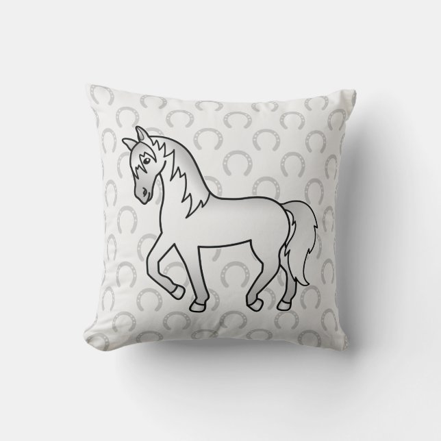 Coussin Dessin animé de cheval trottant gris et fers à che (Recto)