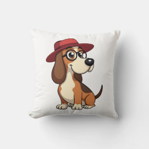 Coussin Dessin animé vintage Basset Hound au chapeau rouge