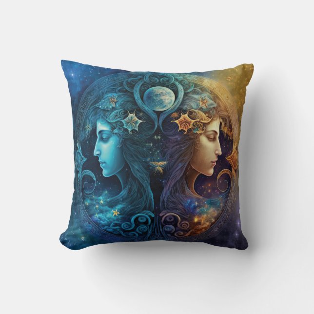 Coussin Dessin aquarelle du signe zodiacal Gémeaux (Recto)