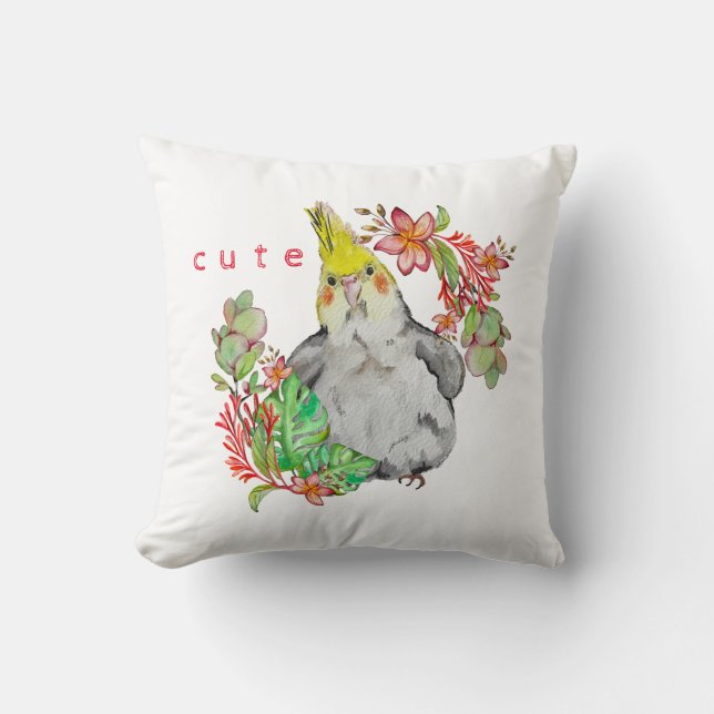 Coussin Dessin aquarelle d'un drôle de perroquet Corella B (Recto)