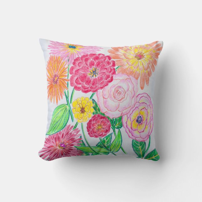Coussin Dessin au crayon couleur Zinnia Flower Mix (Recto)