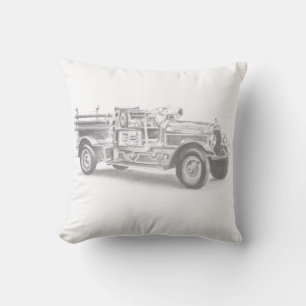 Coussin dessin au crayon vintage pour camion à feu