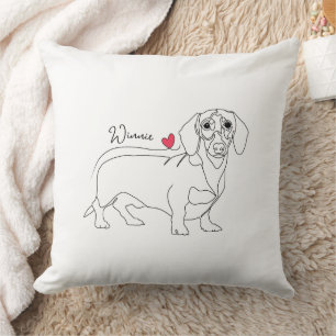 Coussin Dessin au trait de chien Dachshund et cœur avec no