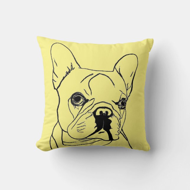 Coussin Dessin au trait jaune de bouledogue français branc (Recto)