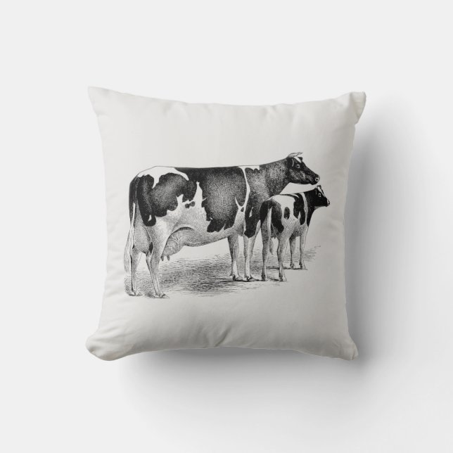 Coussin Dessin blanc vintage de vache et de veau (Recto)